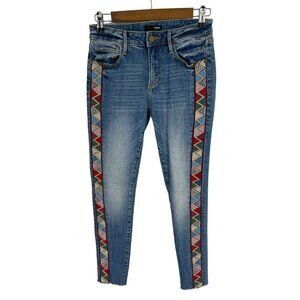 Aqua Aztec Women's Embroidered Distressed Skinny Jeans Size 25
